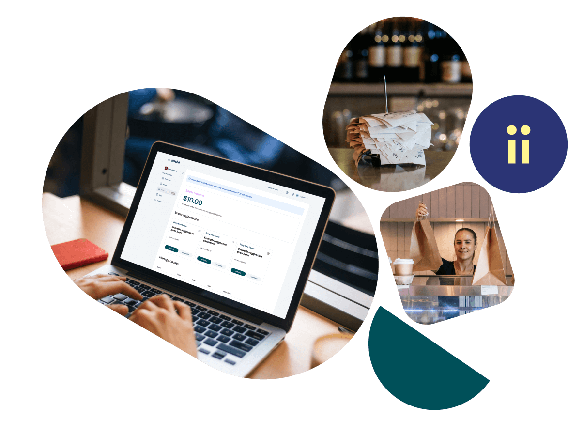 series of images laptop with doshii boost feature, stack of restaurant order dockets, girl hold a takeaway bag