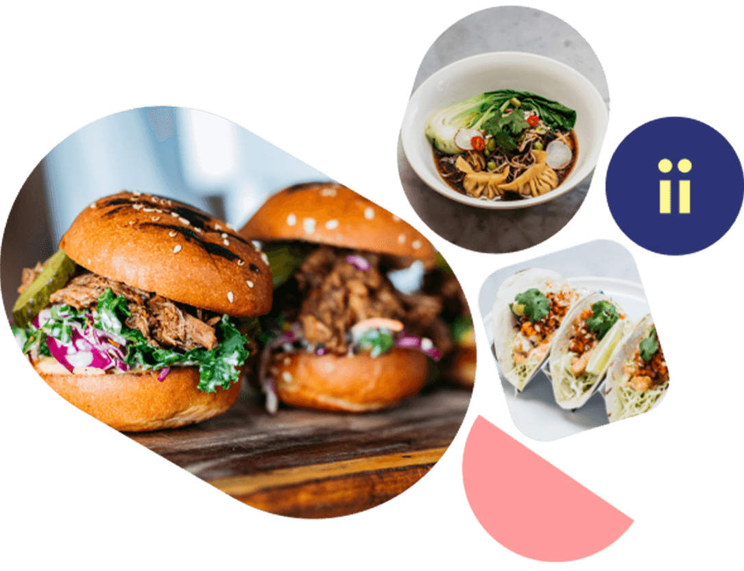 A collage of food images showcasing burgers, dumpling soup and tacos